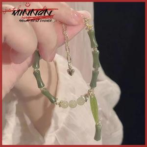 [minnan] Chinese Style Retro Green Bamboo Joint Beaded Bracelet For Womens Fashion Simple Charm Alloy Leaf Bracelet Jewelry Gift