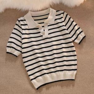 Women's Knitted Stripes Pattern T-Shirts: Casual Loose Tops Inspired by Korean Style