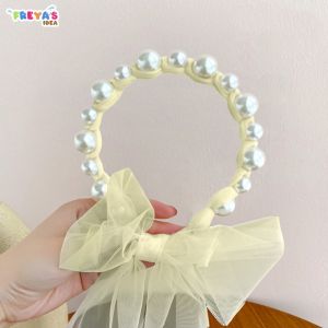 FR-C935 Bandana Mutiara Pita Tulle Panjang Bisa diikat Wanita Korea / Bando Mutiara Tali Kepang Ribbon Pearl / Bando Anak Perempuan / Bando Tali Kepang Import