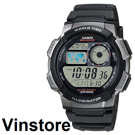 [Vinstore] Casio AE-1000 World Time Illuminator Black Resin Digital Sports Men Watch AE-1000W-1BVDF AE-1000W-1B AE-1000W-1BV