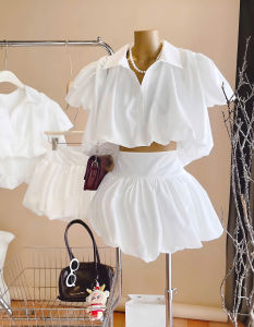 Set Váy Bí 2 Món Gồm Áo Sơ Mi Croptop Dáng Ngắn Nhún Phồng + Chân Váy Bí Xoè Có Quần Trong