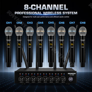 RAYHAYES 8 Channel Wireless Microphone System 200 DUAN Adjustable UHF Channels