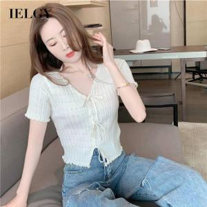 IELGY เสื้อเอวลอยถักผูกโบว์ลูกไม้คอวีอเนกประสงค์สำหรับผู้หญิง