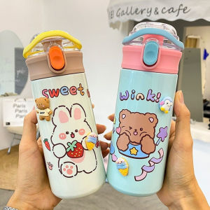 550ml Kids Stainless Steel Vacuum Thermal Flask Cup Thermos 304 Stainless Steel Portable Mug Thermos Travel Thermal Leak prevention Cartoon with Straw Children Gift.