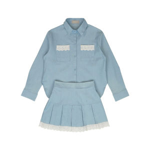 SLYQ ALVINE LACE DENIM SHIRT & SKIRT SET เซ็ตเสื้อเชิ้ตยีนส์แขนยาวขอบลูกไม้และกระโปรงยีนส์