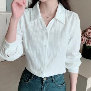 AMMIN Korean Style Simple Lapel Long Sleeve Single-Breasted Commuter Cotton Shirt for Women Long Sleeve Autumn 2025 New Fashion Hollow Geometric Striped Textured Elegant Blouse