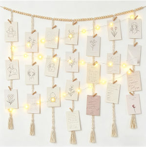Boho Wall Decor Macrame Picture Holder With Fairy String Lights Handmade Wood Bead Garland And 45 Photo Clips Aesthetic Room Decor For Bedroom Living Room Apartment