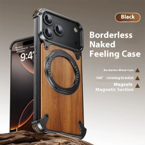 OATSBASF Metal Phone Case Wood Panel Bumper Phone Shell with 360° Stand for IPhone 17 Pro Max/17 Pro/17 Air