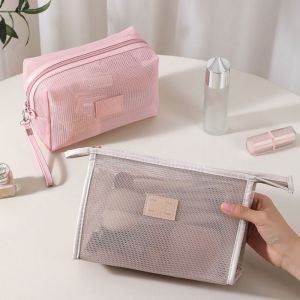 FGJEB Portable Mesh Handheld Makeup Bag Square Lightweight Transparent Mesh Cosmetic Bag Simple Zipper Storage Toiletry Bag Data Cable Storage