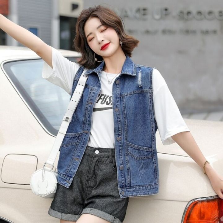 2023 Plus Size New Women Denim Vest Fashion Autumn Blue Jeans