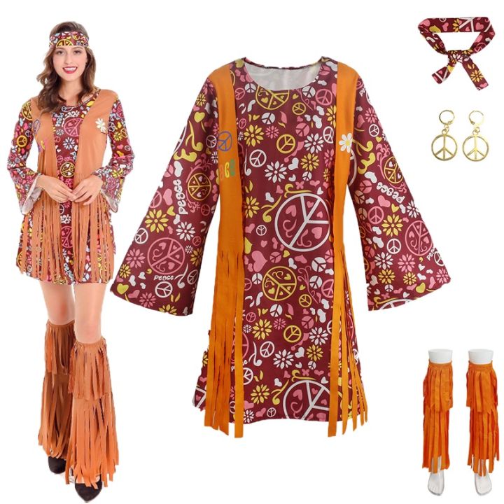 Women Hippie Dress 60s 70s Peace Love Costume Vintage Disco Hippie