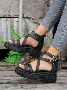 [Free Shipping] Roman Sandals For Women Thick-Soled 2025 New Style Plus-Size Versatile Hollowed-Out Mid-Top Single-Strap Sandals