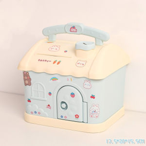 DENOSWIM 2023 New Kawaii House Piggy Bank With 3D Sticker Cartoon Coin Code Key Lock Automatic Cash Coin Saving Box Cute Square Money Boxes with Lock and Key Decoration for Kids Girl Gift