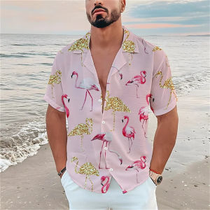2026 mens plus-size summer short-sleeved shirt flamingo pattern Hawaiian beach mens shirt casual shirt mens high quality