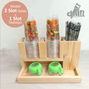 Rak Tempat Paper Cup Gelas Plastik 8 14 16 18 22 OZ Sedotan Es Teh Kopi Juice Kayu Jati Belanda RCG