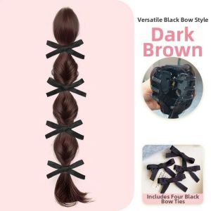 SFJHF Synthetic Bow Braided Bubble Braids Wig Hair Band 40cm Twisted Ponytail Hair Extension Heat Resistant Fiber Black Brown Ponytail Hairpieces for Women