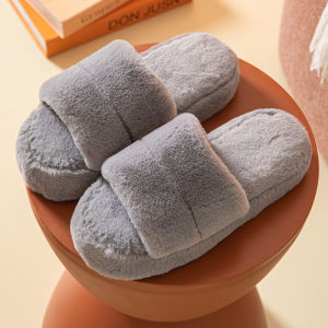 [Free Shipping] Open-Toe Single-Strap Faux Rabbit Fur WomenS Home Wedge High-Heel Indoor Cotton Slippers
