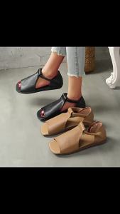 [Free Shipping] Vintage Handmade Soft Leather Peep-Toe Sandals For Women 2026 Summer New Soft Sole Lightweight Flat Heel Closed-Toe Open-Toe Sandals