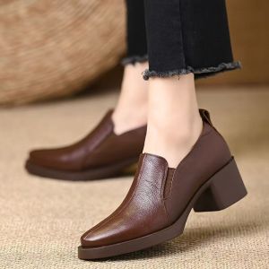 Free Shipping Retro Thick-Soled WomenS Leather Shoes 2026 Spring/Autumn New Collection Chunky Heel Slip-On Style Versatile And Fashionable Flats