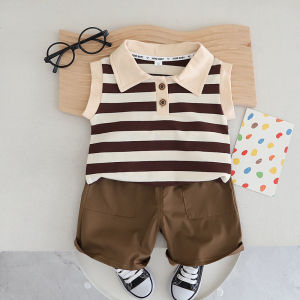 Baby boy 1-5 tahun boy casual suits striped kids vest polo shirt+shorts childrens set