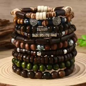 New cross-border product: European and American retro-style tree of life coconut shell multi-layer elastic cord wooden bead handmade bracelet 10 Bracelet set