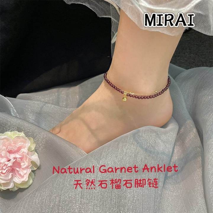 【MIRAI未来】Natural Crystal Garnet Girl Woman Bell Gold Anklet Birthday ...