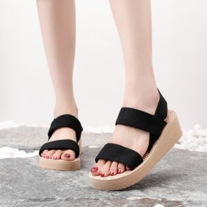 [Free Shipping] WomenS Fashionable Slip-On Sandals With A Single Strap Elastic Design And A Thick Platform Sole For Added Height