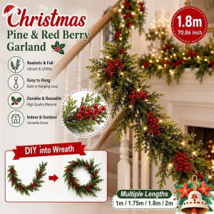 Christmas Red Berry Green Leaf Rattan Garland DIY Wreath Indoor Outdoor Decor 1m 1.75m 1.8m 2m