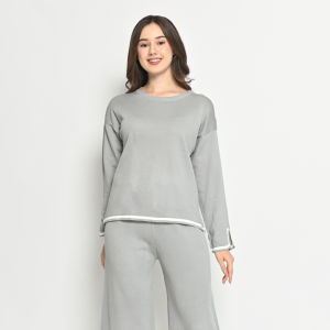 QUEENTIN One-Set 152 Setelan Wanita Rajut Knit Polos Bergaris Stretch Premium Lengan Panjang