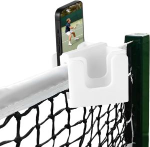 Tennis Net Phone Holder 3D Printed Dual-View Camera Mount (White)    30 °   Golden Angle    Dual Holders Simul Rec    Charging Port Cutout    Landscape & Portrait Switch    Dual Triangle Storage Slots