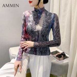 Ammin 2024 mùa xuân và mùa thu Đơn Giản Bán cổ cao Tay áo dài in hoa T-Shirt Phụ Nữ phong cách Hàn Quốc Thời Trang R màu gradient in graffiti Giản Dị Cộng-Kích Thước Áo Blouse thanh lịch Tops