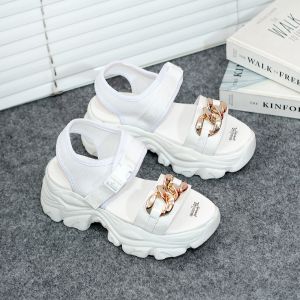 Gevani Sandal Tali Wanita Rantai Fahion Kasual Korea Sol Tebal 5 Cm Hitam Putih (546)