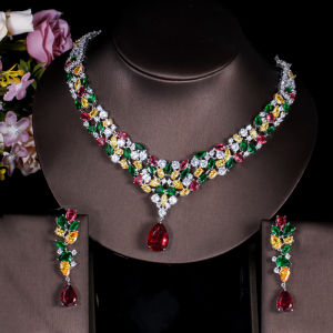 SEQUITO Bông Tai Vòng Cổ Lủng Lẳng Hình Giọt Nước Dài Đá CZ Màu Vàng Xanh Lá Đỏ Cắt Nhiều Mảnh Tuyệt Đẹp Dành Cho Tiệc Cưới Bộ Trang Sức Trang Phục Nữ SJ059