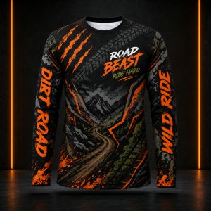 Mens Plus Size Road Beast Wolf Graphic Long Sleeve Motorcycle Riding Jersey Quick Dry Top LA047