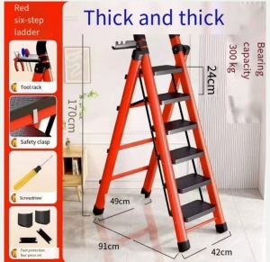 Heavy-Duty Telescopic Herringbone Folding Ladder with Safety Clasp 300kg Capacity 6-Step Red