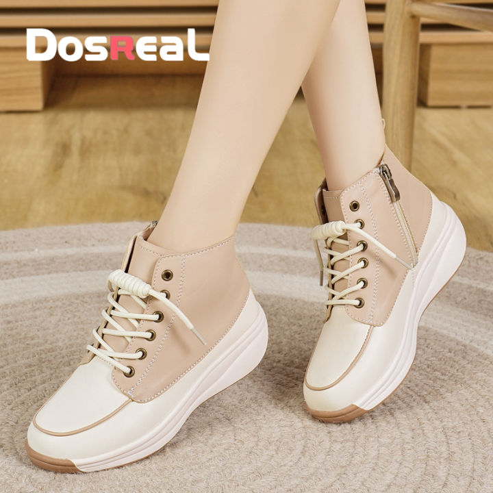 DOSREAL Boots With Heels Korean Style Women fashion boots Genuine Leather  Slip On Zip wedge boots for women high cut boots Waterproof Lazada PH