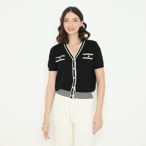 MINEOLA Jisoo Contrast Trim V-Neck Black Knit Top (Atasan rajut wanita korean style premium)