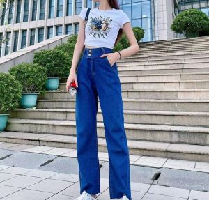 🔥 FASHIONJEANS_SHOP⚡ กางเกงยีนส์ขายาว ทรงกระบอก เอวสูง ปลายขารุ่ย 🔥⚡ #8058