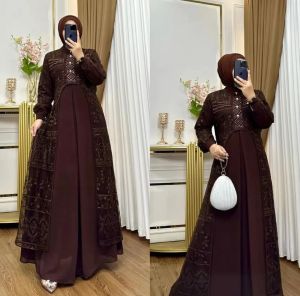 Ardela Maxy dress wanita ceruty full furing swarovski / gamis brokat premium elegan / variasi kancing depan & zipper belakang