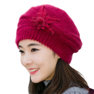 Mũ nồi dệt kim Với Thỏ Lông Thú Hoa Decors Áo Thun Hat Mùa Đông Mũ Nón Cho Phụ Nữ Mùa Đông Ấm Áp Mũ Nón