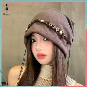 FUJIAS2🦋 Vintage Y2k Baggy Cap Star Fringed Boho Chain Decor Beanies Cap Versatile Ethnic Style Autumn Winter Pullover Hats Streetwear