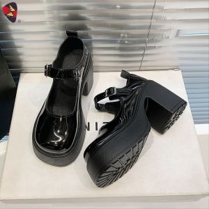 Katerina Fashion Style Maryjane Shoes Black Platform Heel With Lace For Women Casual Student #K7-7