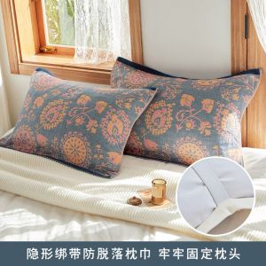 หมอนผ้ากอซผ้าฝ้ายสี่ชั้นแถบยางยืดคงที่ป้องกันการไหลหมอนปกปลอกคู่สำหรับตกแต่งบ้าน