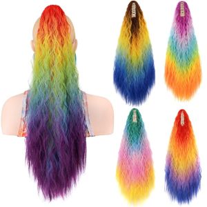 OMQAIO Ombre Tóc giả đuôi ngựa kẹp càng cua Cầu vồng Cosplay Phụ kiện tóc đuôi ngựa Phụ kiện tóc Phần nối tóc đuôi ngựa Bím tóc đuôi ngựa dài xoăn sóng dành cho phụ nữ