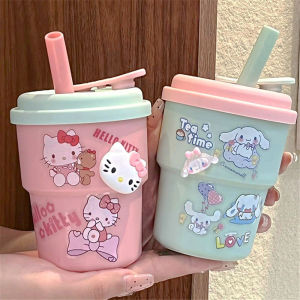 GUOYIHUA 420ml Sanrio เด็กถ้วยน้ำการ์ตูน KT แมว Cinnamoroll กาแฟนมถ้วยแบบพกพาเด็กฟางถ้วย