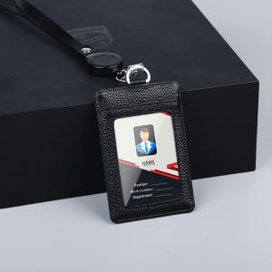 NEW Top Layer Cowhide Badge Holder Black Genuine Leather ID Card Case with Lanyard Name Tag Chest Cards Cases staff work School office supplies
