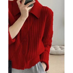 ali Áo Len Cardigan Cổ Bẻ Màu Hồng Khí Chất Áo Khoác Dệt Kim Lười Biếng Dịu Dàng Cho Người Thiểu Số Cảm Giác Thiết Kế Mùa Thu Cho Nữ polo Áo