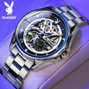 PLAYBOY elegant luxury automatic machine steel strap watch for men brand original waterproof multifunctional hollow special design dial
