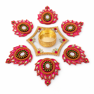 Decorative Rangoli Set with Tealight Holder  | Festive Diwali Pooja Decor | Handmade Stone Work (7 pcs)