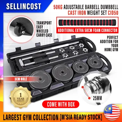 SellinCost 2in1 50kg Dumbbell Set Adjustable Chrome Dumbell Iron Dumbbell Steel Barbell Bar 3cm Dumbbells Detachable Non-Slip Dumbbell Weight Lifting Weightlifting Combo Barbell Set Alat Angkat Berat 1yr Warranty CHDB CID 可调节镀铬哑铃